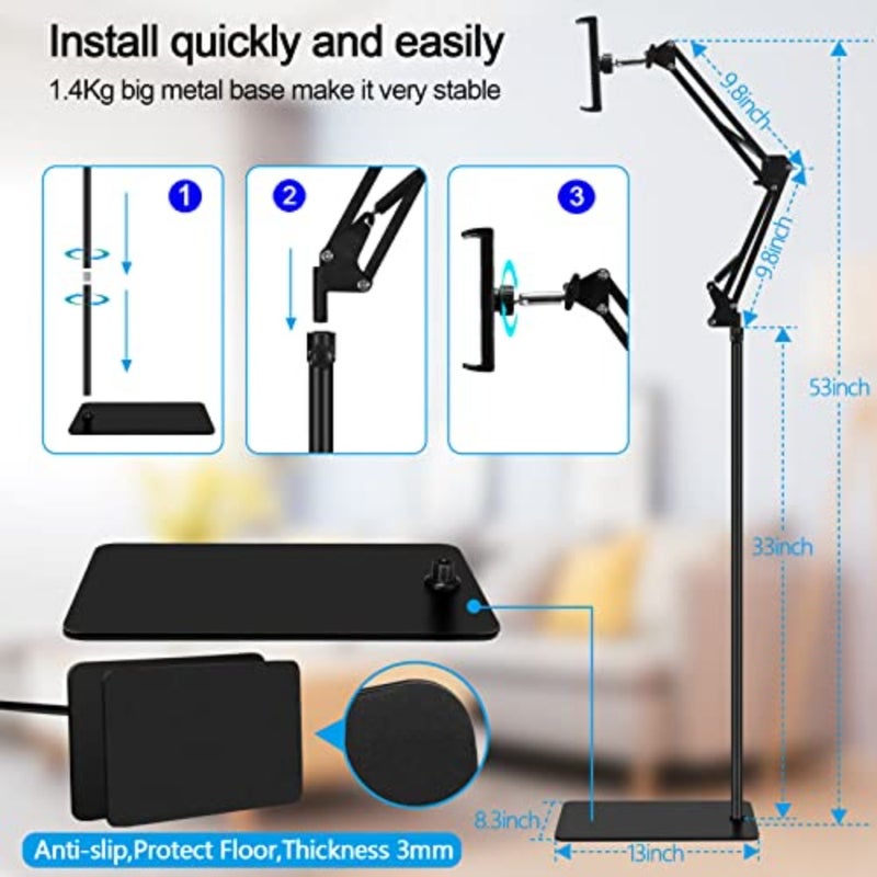 Tablet Floor Stand, Adjustable Universal 360-degree Rotatable Metal Tablet Holder, Phone Stand for iPad/iPhoneX/iPad Pro or Other 4.7~12.9 Inch-Screen Devices Black - Image 5