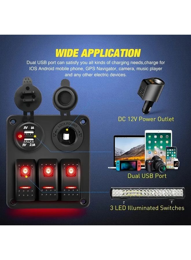 لوحة مفتاح الصخور الزرقاء مع شاحن USB وولاعة سجائر 12 فولت 24 فولت للسيارات والعربات المنزلية والشاحنات - Image 3