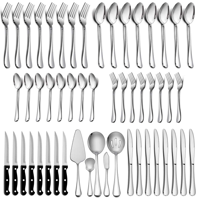 LIANYU 53Piece Silverware Set for 8 Stainless Steel Flatware with Steak Knives and Serving Utensils Forks and Spoons Silverware Cutlery Set for Home Dishwasher Safe
