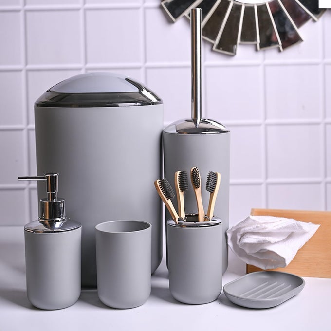 MARKET99 STYLISH GREY BATHROOM SET OF 6 MODERN BATH ACCESSORIES FOR HOME AND BATHROOM LUXURY BATH WITH SOAP DISPENSER TOOTHBRUSH HOLDER TUMBLER SOAP DISH TOILET BRUSH AND A DUSTBIN