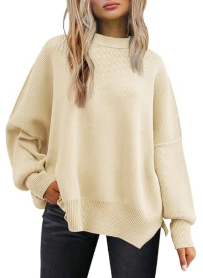 NIBEMINENT Women's Oversized Batwing Sweaters 2025 Fall Outfits Trendy Crewneck Knit Side Slit Fashion Pullover Tops - Image 1
