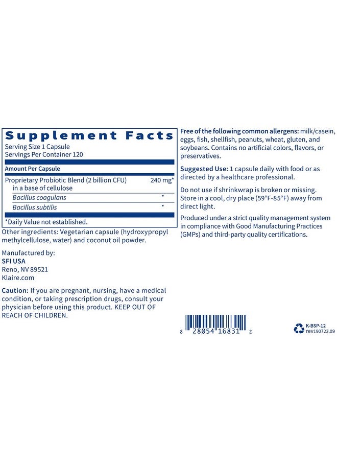 Biospora Probiotic Bacillus Coagulans & Subtilis 2 Billion Cfu For Digestive & Immune Support Soil Based (Sbo) & Shelf Stable Spore Forming Probiotic For Men & Women (120 Capsules)