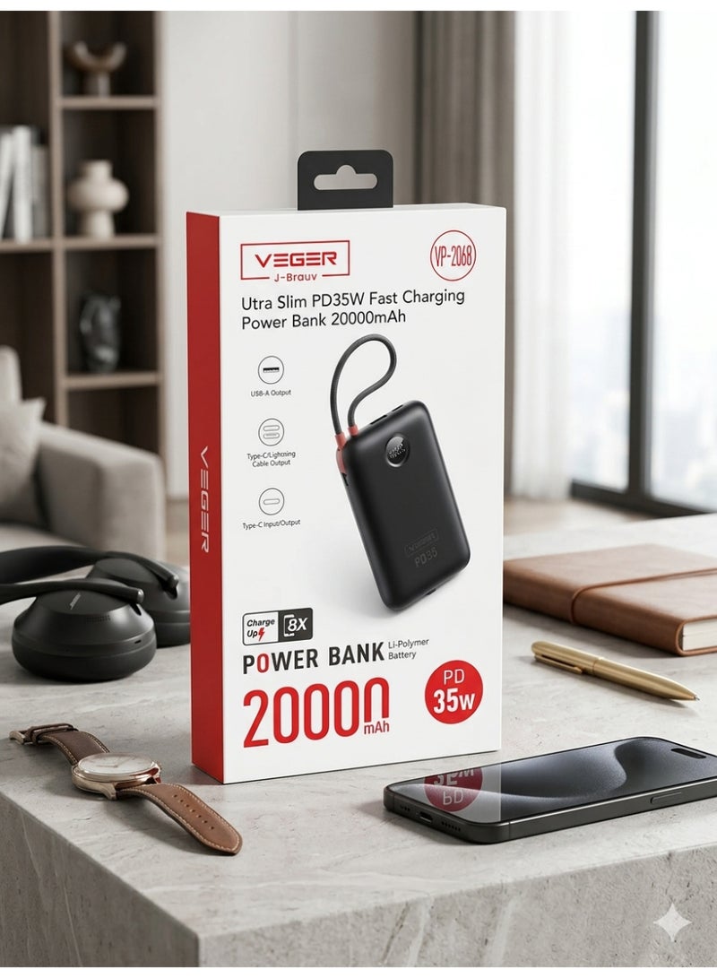 فيجير باور بانك VEGER VP-2068 سعة 20000mAh شحن سريع PD بقوة 35 واط مع كابل مدمج Type-C و Lightning - Image 3