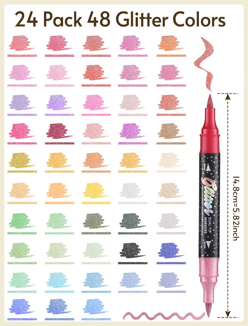 TOSHARE 48 Colors Glitter Markers Pens Dual Tip 24 Pack Glitter Brush Markers Professional Glitter Paint Pens Set Sparkle Pen for Coloring, Journals, Planners, Scrapbooking & Card Making - Image 2