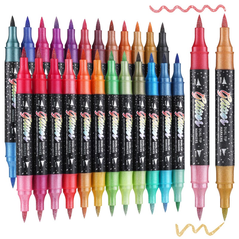 TOSHARE 48 Colors Glitter Markers Pens Dual Tip 24 Pack Glitter Brush Markers Professional Glitter Paint Pens Set Sparkle Pen for Coloring, Journals, Planners, Scrapbooking & Card Making - Image 1