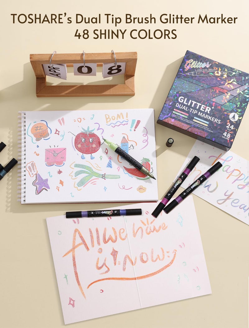 TOSHARE 48 Colors Glitter Markers Pens Dual Tip 24 Pack Glitter Brush Markers Professional Glitter Paint Pens Set Sparkle Pen for Coloring, Journals, Planners, Scrapbooking & Card Making - Image 4