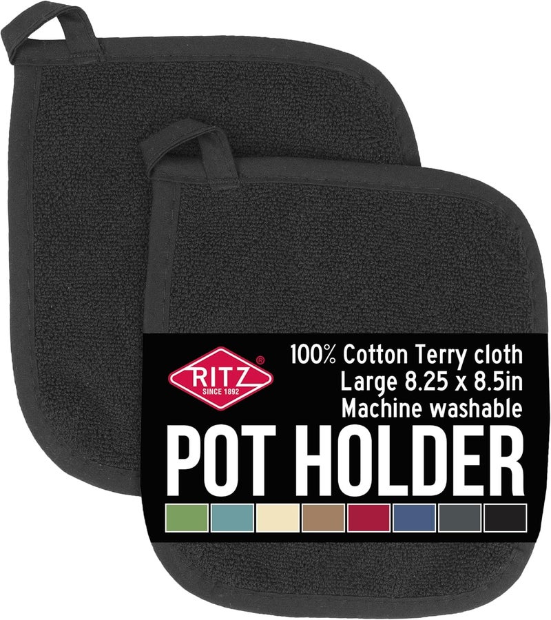 Ritz Terry Potholder & Hot Pad: Unparalleled Heat Resistant, Durable 100% Cotton – Ergonomically Designed for Optimal Grip – Easy-Care Machine Washable, Perfect for Your Kitchen – Black, 2-Pk - Image 1
