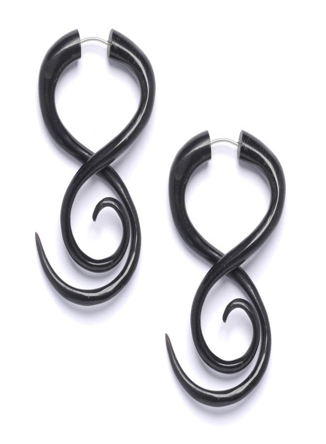 81stgeneration Black Horn Long Spiral Twist Fake Stretcher Earrings for Women - Large Tribal Cheater Ear Tapers - Gothic Swirl Faux Ear Stretchers - Fake Gauges - Boho Emo Statement Jewelry - Image 1