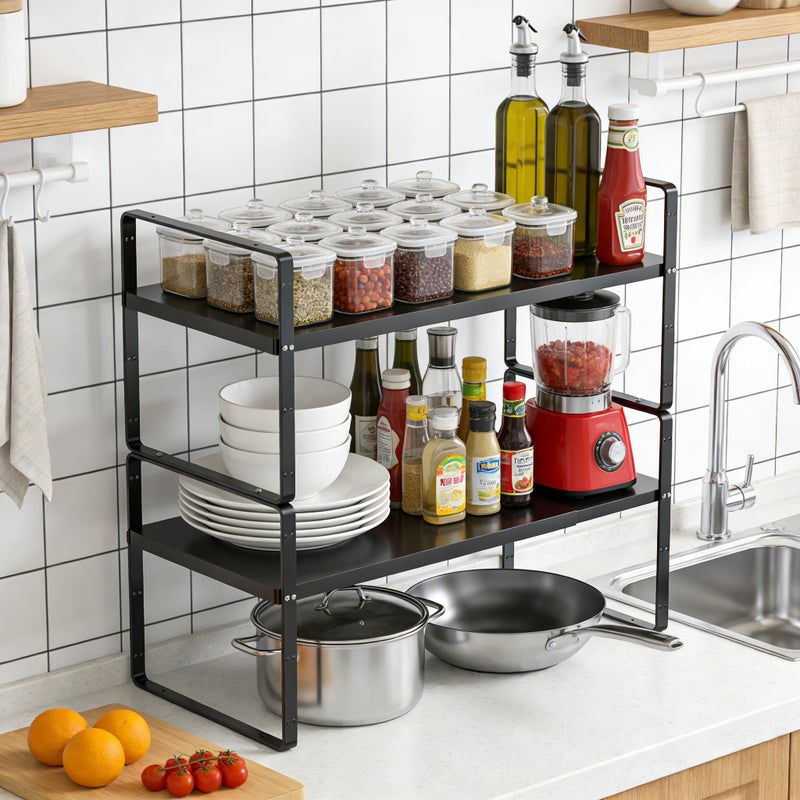 SOFRON Expandable Cabinet Storage Shelf Stackable Organizer Rack for Kitchen Bathroom Pantry Spice Cupboard Countertop Home Office Desk Heavy Duty Nonslip Black Small 1 PACK - Image 2
