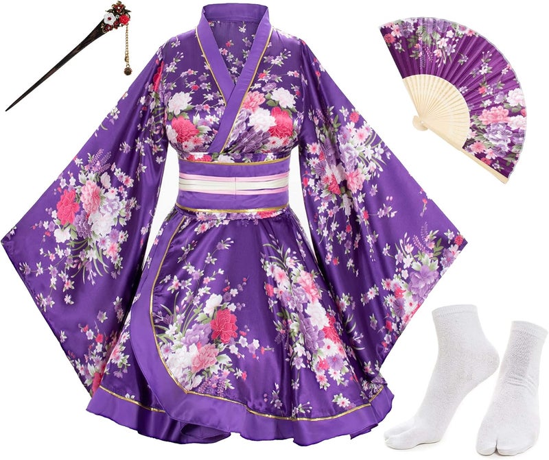 Elibelle Japanese Anime Women's Dance Kimono Robe Fancy Dress Hand Held Silk Folding Fans Tabi Hairstick Socks Set - Image 2