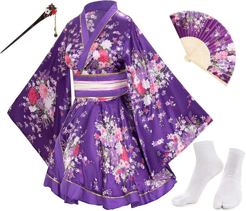 Elibelle Japanese Anime Women's Dance Kimono Robe Fancy Dress Hand Held Silk Folding Fans Tabi Hairstick Socks Set - Image 1