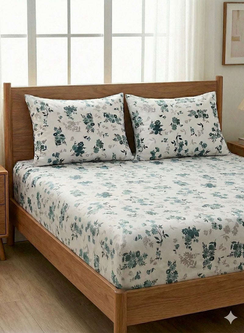 Yarlin-Bed Set (Fitted Bedsheet for 160 cm beds and 2 Small Pillowcases (Green Flora) Design