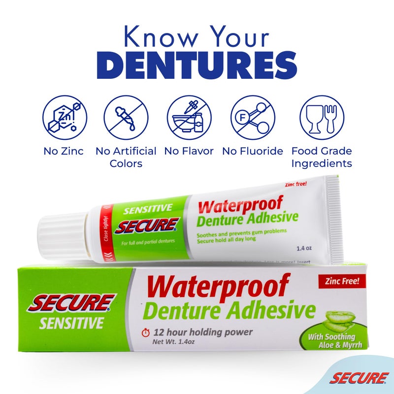 Secure Sensitive Gums Waterproof Denture Adhesive Zinc Free with Aloe Vera & Myrrh - Extra Strong 12 Hour Hold - 1.4 oz (Pack of 4) - Image 5