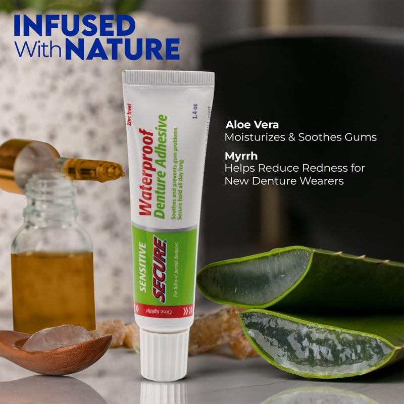 Secure Sensitive Gums Waterproof Denture Adhesive Zinc Free with Aloe Vera & Myrrh - Extra Strong 12 Hour Hold - 1.4 oz (Pack of 4) - Image 3