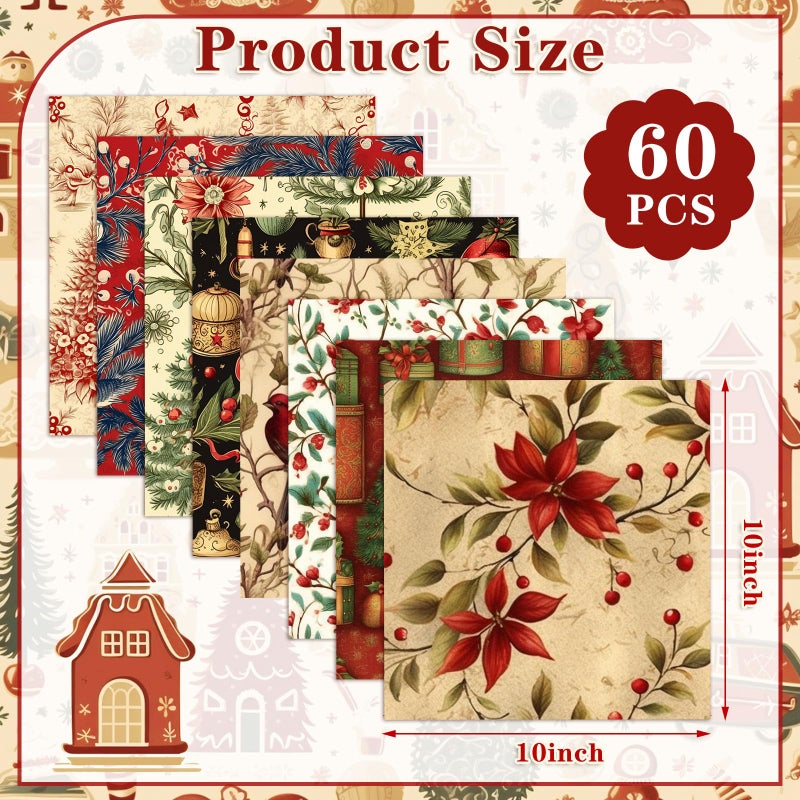 FuWeave 60 Pcs 10 x 10 Inch Vintage Christmas Quilting Fabric Rustic Christmas Fat Squares Patchwork Precut Strips Santa Claus Red Cardinal Fabric Bundles for Xmas Quilting Crafting DIY Craft Sewing - Image 2