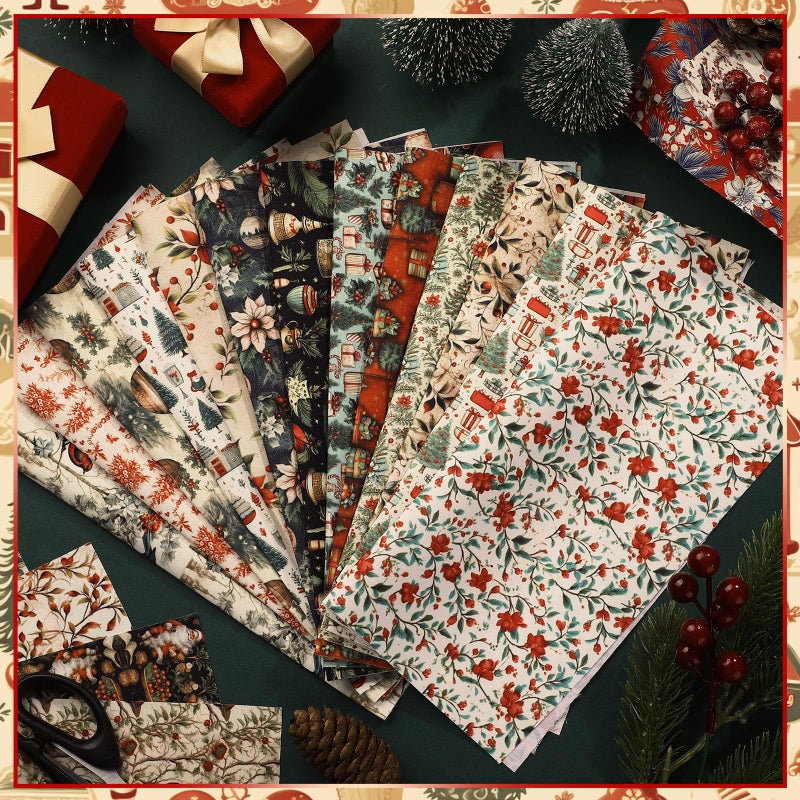 FuWeave 60 Pcs 10 x 10 Inch Vintage Christmas Quilting Fabric Rustic Christmas Fat Squares Patchwork Precut Strips Santa Claus Red Cardinal Fabric Bundles for Xmas Quilting Crafting DIY Craft Sewing - Image 4