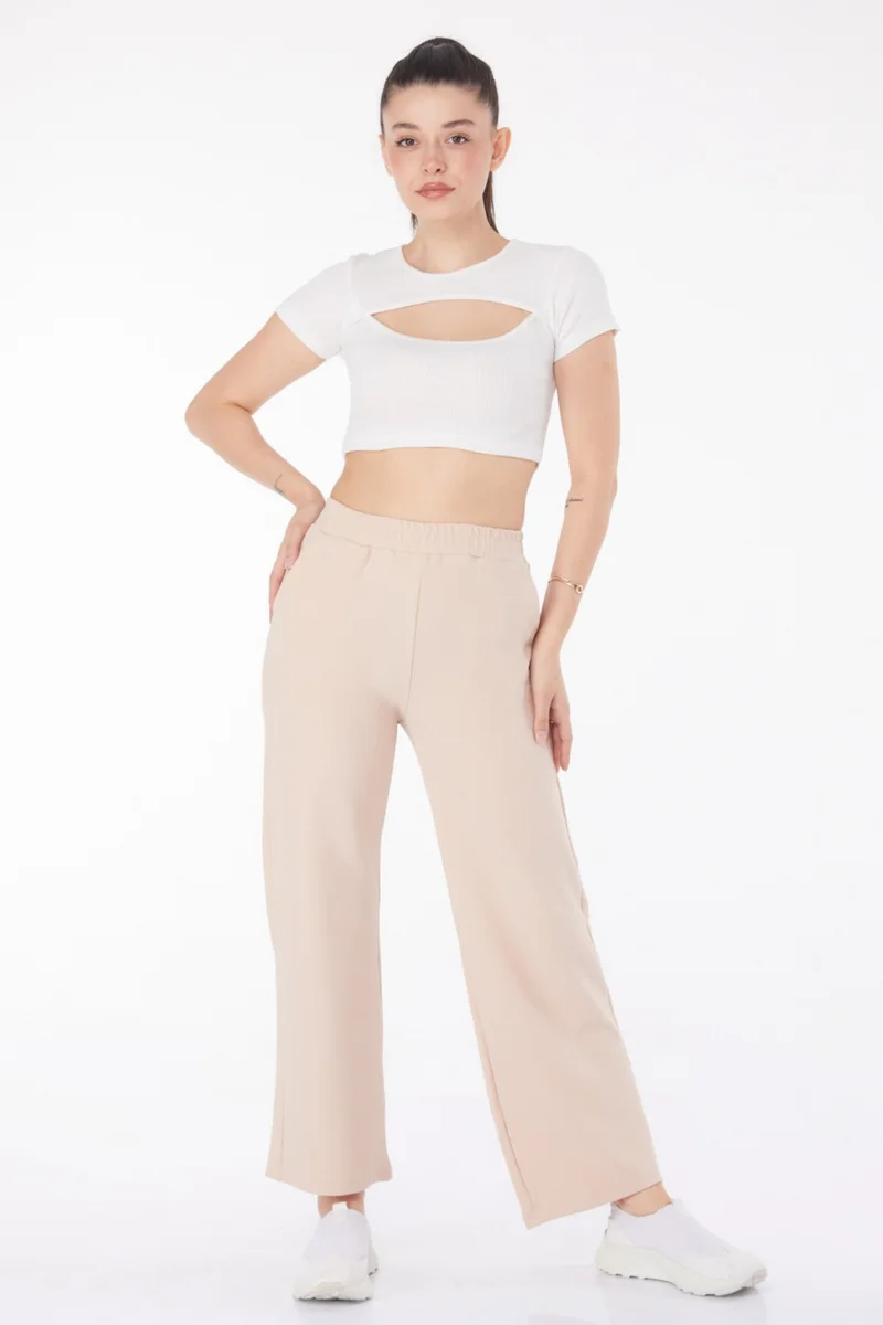 Tofisa Plain Mid Women's Beige Pocketed Wide Leg Trousers - 25796