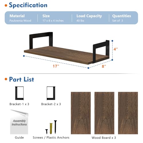 Harwaya Floating Book Shelves for Wall Set of 3, 17 x 8 Inch Deep Wooden Wall Bookshelf for Bedroom Office, Rustic Wood Hanging Wall Shelves for Living Room Kitchen (Dark Brown) - Image 2