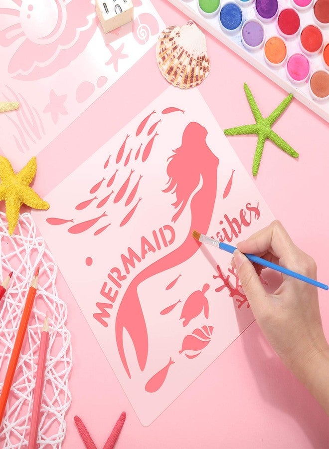 Zonon 9 Pieces Mermaid Stencils 8 Inches Pearl, Shell, Seahorse, Jellyfish, Mermaid Theme Painting Template for Art Card Making Log Scrapbook DIY Furniture Wall Floor Paintings on Wood Fabric - Image 2