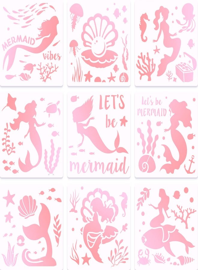 Zonon 9 Pieces Mermaid Stencils 8 Inches Pearl, Shell, Seahorse, Jellyfish, Mermaid Theme Painting Template for Art Card Making Log Scrapbook DIY Furniture Wall Floor Paintings on Wood Fabric - Image 1