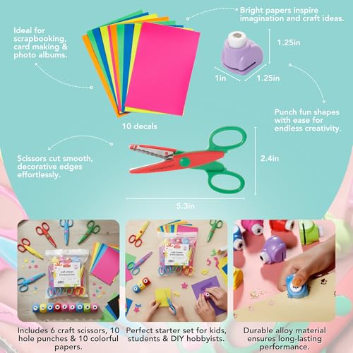 Incraftables Craft Scissors with Decorative Edge – 26 Piece Crafting Set - 6 Scissors with Fun Decorative Edge - 10 Paper Hole Punch Shapes & 10 Colorful Pieces of Paper - Image 3