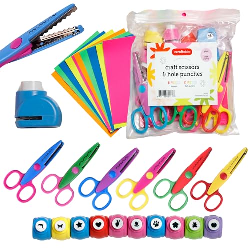 Incraftables Craft Scissors with Decorative Edge – 26 Piece Crafting Set - 6 Scissors with Fun Decorative Edge - 10 Paper Hole Punch Shapes & 10 Colorful Pieces of Paper - Image 1