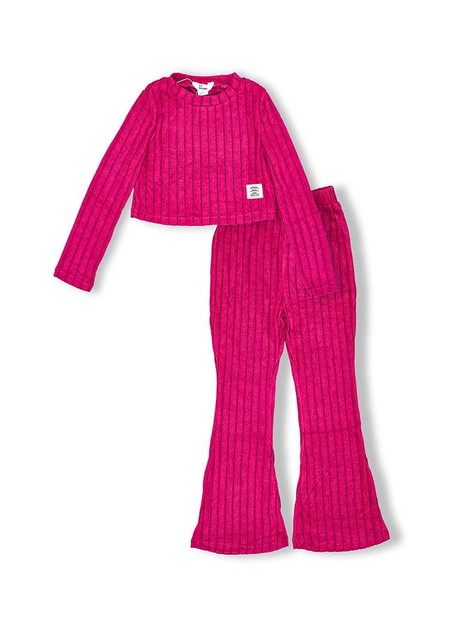 babyqlo Hot Pink Ribbed Flared Winter Co-ord Set - Image 3