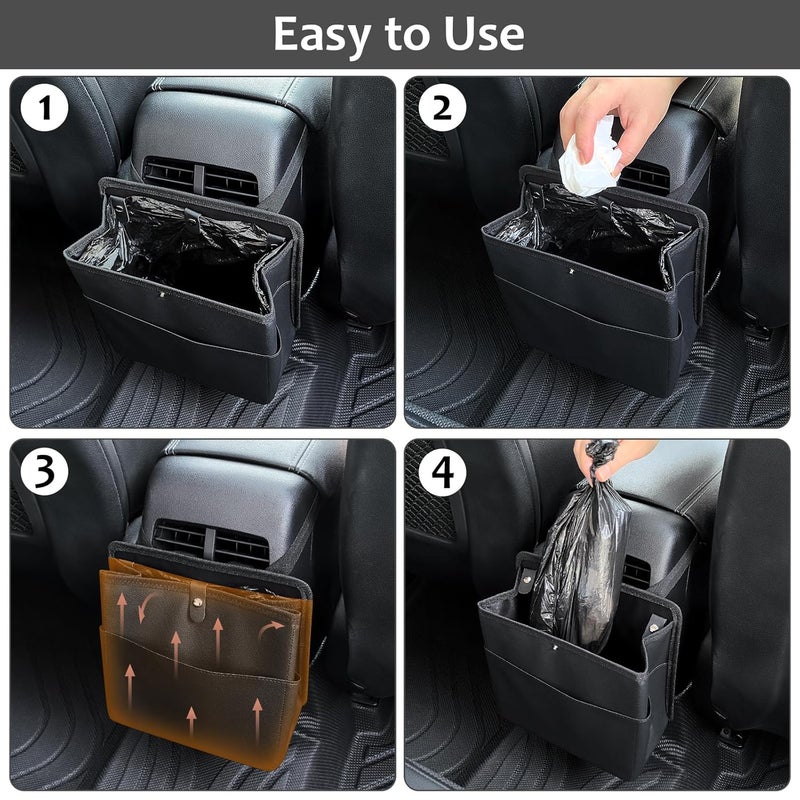 accmor Car Trash Can with Pocket, Vehicle Dustbin Automotive Garbage Organizer Bin with 60 Pcs Trash Bags, Hanging Cars Storage Container for SUV Vans (Black) - Image 4