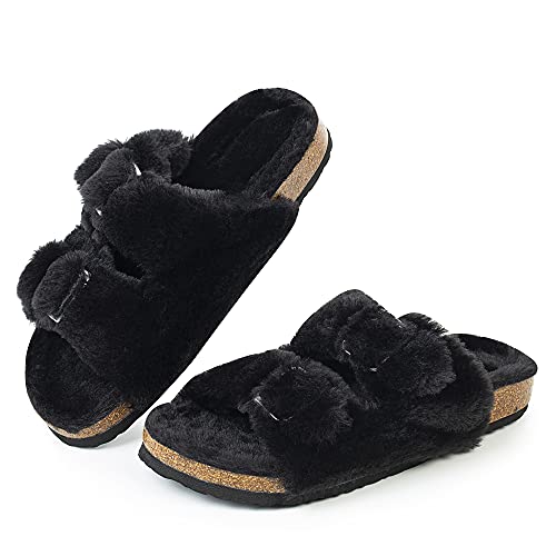 FITORY Womens Open Toe Slipper with Cozy Lining,Faux Rabbit Fur Cork Slide Sandals Black Size 10 - Image 1