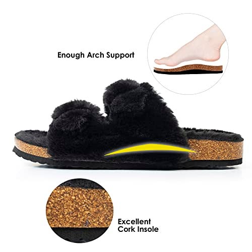 FITORY Womens Open Toe Slipper with Cozy Lining,Faux Rabbit Fur Cork Slide Sandals Black Size 10 - Image 2