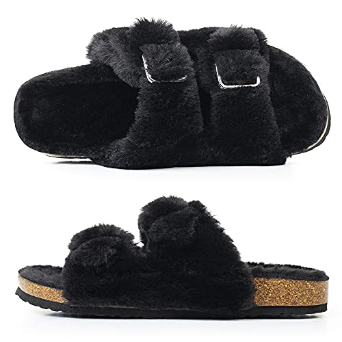 FITORY Womens Open Toe Slipper with Cozy Lining,Faux Rabbit Fur Cork Slide Sandals Black Size 10 - Image 3