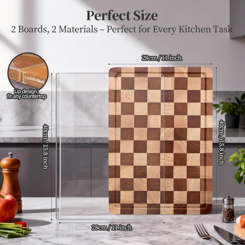 WILLKOMMEN Checkered Cutting Board and Acrylic Cutting Board Set, 2 PCS Cutting Boards for Kitchen, Checkerboard Solid Wood End Grain Chopping Board with Juice Groove & Acrylic Cooking Board with Counter Lip - Image 3