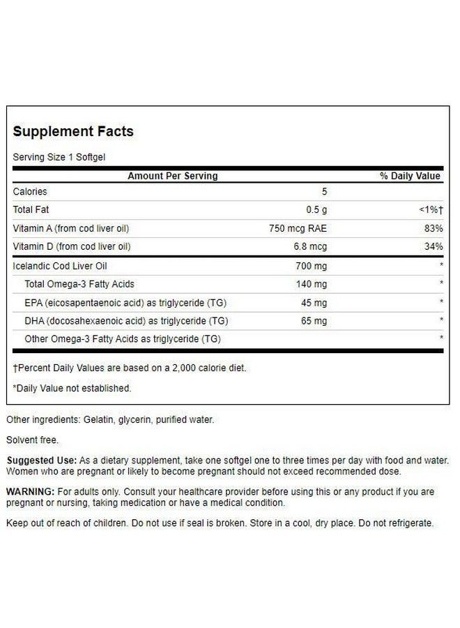SWANSON Cod Liver Oil Wellness Supplement Promoting Bone Skin Health Vision Support & Immune System Function Natural Formula With High Absorption Vitamin A (250 Softgels 700Mg Each) - Image 3