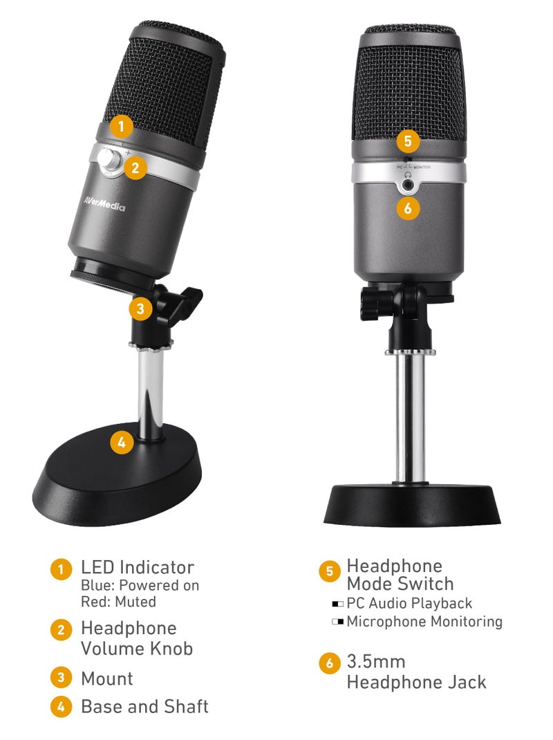 AVerMedia USB Multipurpose Microphone, for Recording, Streaming or Podcasting (AM310), 6.1" x 2.9" x 2.9" - Image 1