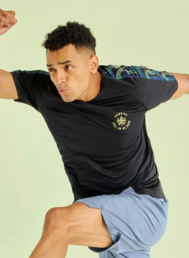 Cult Men Black Graphic Printed T-Shirt with Shoulder Panel