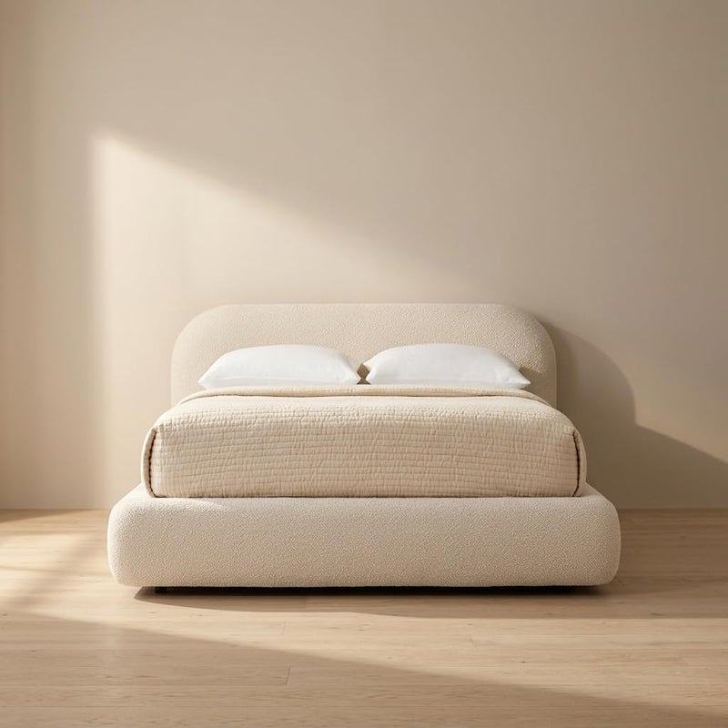 Minimalist Curved Boucle Upholstered Platform Bed Frame - King Size (180x200cm, Beige) - Image 3