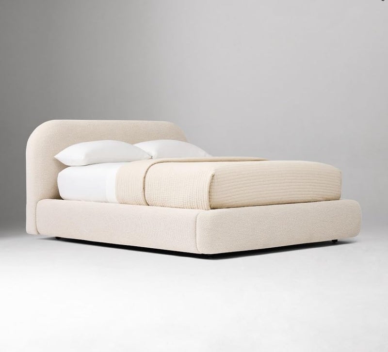 Minimalist Curved Boucle Upholstered Platform Bed Frame - King Size (180x200cm, Beige) - Image 5