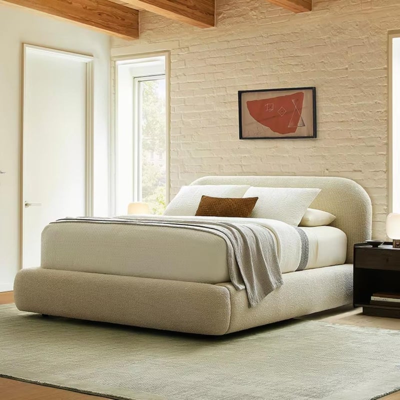 Minimalist Curved Boucle Upholstered Platform Bed Frame - King Size (180x200cm, Beige) - Image 1