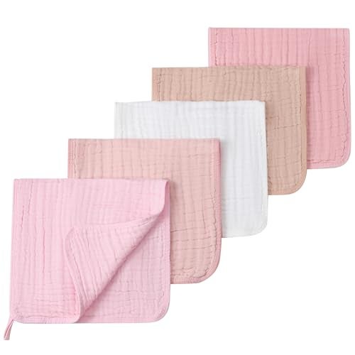 SnugOre Muslin Burp Cloths 5 Pack Large 20x12 inches Baby Burping Cloths, 6-Layer 100% Cotton for Newborn Boys Girls, Ultra Soft & Absorbent (White & Pink) - Image 1