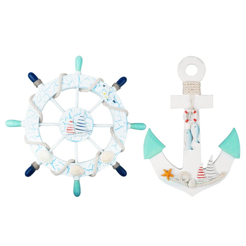 2 Pack 11 Nautical Beach Wooden Ship Wheel and 11 Wooden Anchor with Sailboat Nautical Boat Steering Wheel Rudder Anchor Wall Art Decor Door Hanging Ornament Beach Theme Home DecorationLight Blue