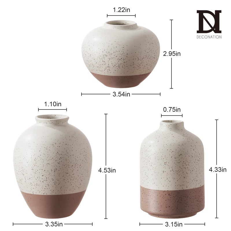 DN DECONATION Ceramic Vase Set of 3, Vases Home Decor Rustic Farmhouse Decor, Small Pottery Vases for Bouquet Pampas Grass Dried Fresh Flowers, Living Room, Kitchen, Bedroom, Bathroom, Mantel Decor - Beige&Brown - Image 3