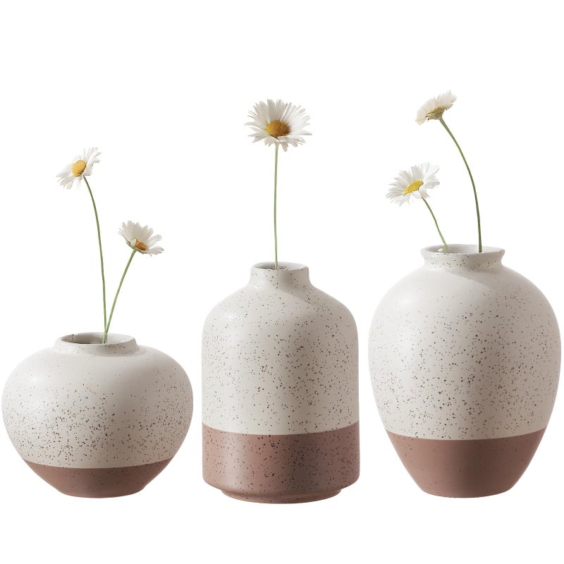 DN DECONATION Ceramic Vase Set of 3, Vases Home Decor Rustic Farmhouse Decor, Small Pottery Vases for Bouquet Pampas Grass Dried Fresh Flowers, Living Room, Kitchen, Bedroom, Bathroom, Mantel Decor - Beige&Brown - Image 1