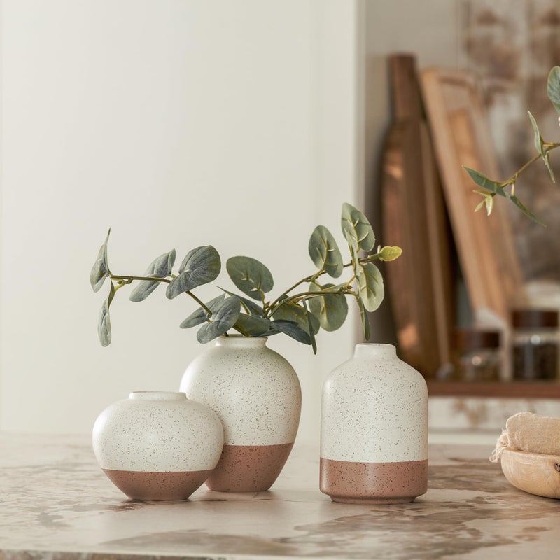 DN DECONATION Ceramic Vase Set of 3, Vases Home Decor Rustic Farmhouse Decor, Small Pottery Vases for Bouquet Pampas Grass Dried Fresh Flowers, Living Room, Kitchen, Bedroom, Bathroom, Mantel Decor - Beige&Brown - Image 2