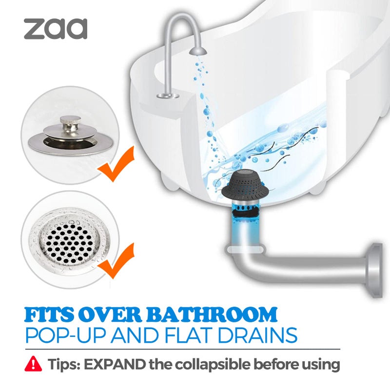 zaa Bathtub Drain Hair Catcher, Silicone Collapsible 1 Pack Drain Protector for Pop-Up and Regular Drains of Shower,Tub, Bathroom, Sink, Charcoal Black - Image 3