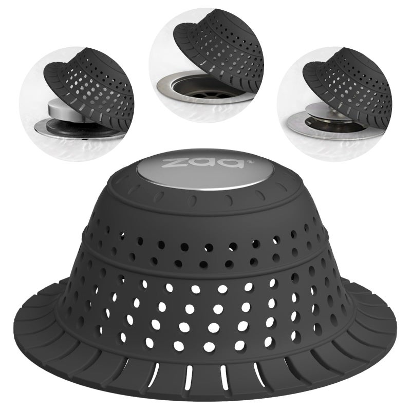 zaa Bathtub Drain Hair Catcher, Silicone Collapsible 1 Pack Drain Protector for Pop-Up and Regular Drains of Shower,Tub, Bathroom, Sink, Charcoal Black - Image 1