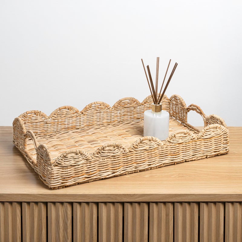 happimess TRY1000B Scalloped 21.5" Southwestern Cottage Hand-Woven Rattan Tray with Handles for Storage,Decoration, Display, Coffee Table or Serving Food, Light Brown - Image 2