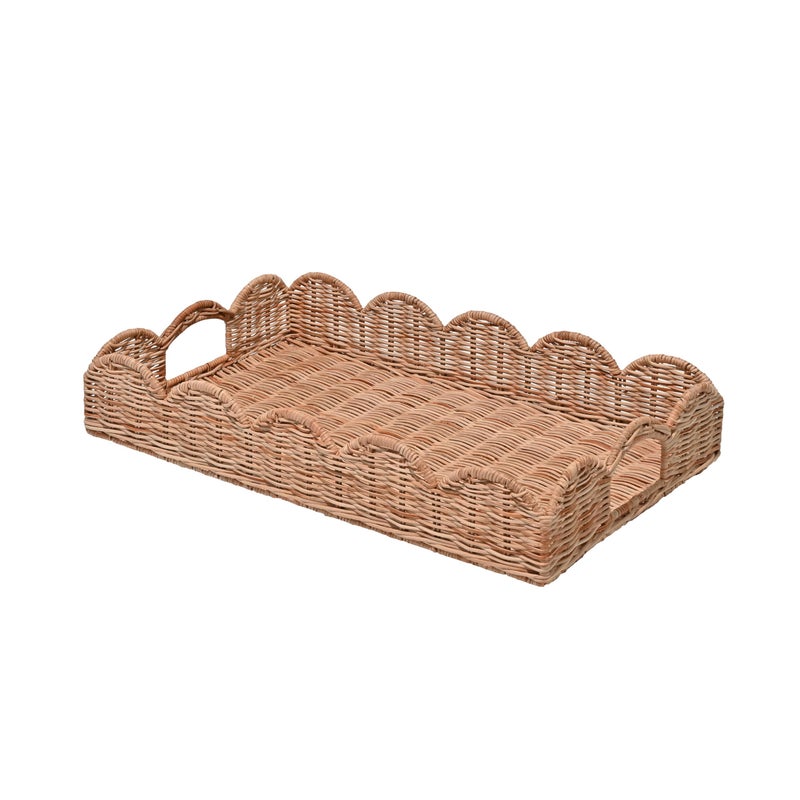happimess TRY1000B Scalloped 21.5" Southwestern Cottage Hand-Woven Rattan Tray with Handles for Storage,Decoration, Display, Coffee Table or Serving Food, Light Brown - Image 1