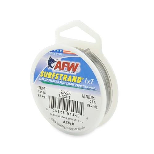 AFW American Fishing Wire Surfstrand, Bare 1x7 Stainless Steel Leader Wire, 135 lb Test, 0.027" Diameter, Bright, 30 ft - Image 1