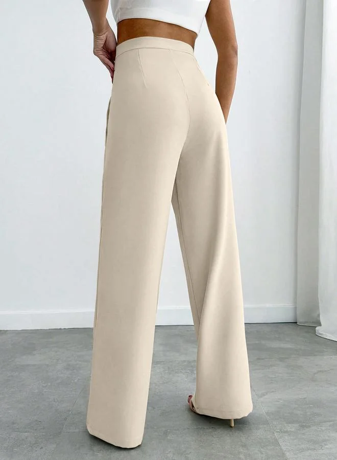 Take Two Off White Straight Leg Trousers with Button Detail