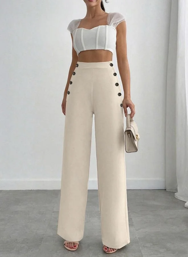 Take Two White Off White Straight Leg Trousers with Button Detail for Women | Best Price UAE